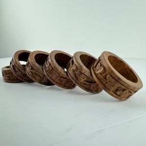 Floral Napkin Rings Carved Wood Set of 6 Made in India